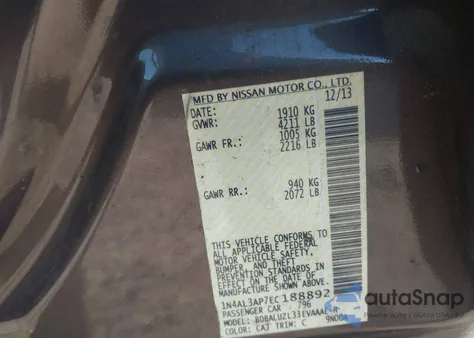 2014 Nissan Altima 2.5 Sv from USA, damaged, VIN 1N4AL3AP7EC188892